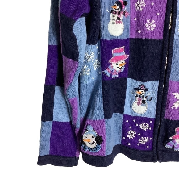 Vintage Christmas Ugly Christmas Embroidered Embellished Zip Up Cardigan Sweater - Picture 4 of 10